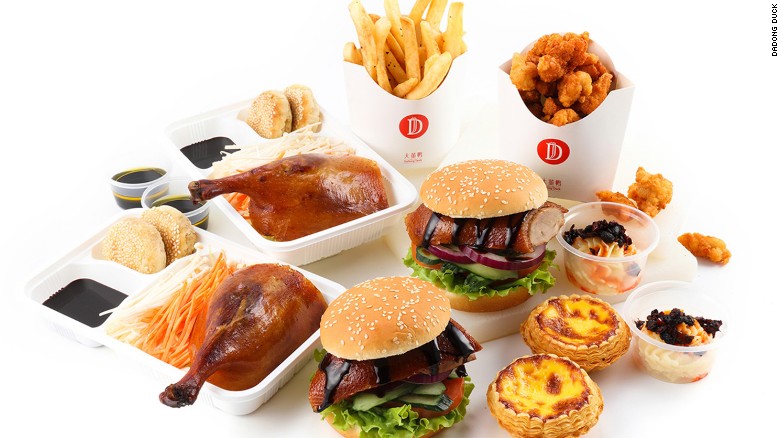 A combo for four contains two duck burgers, two duck leg combos, crispy chicken, mashed potatoes and Cantonese-style tarts. Cost: 158 yuan ($24.30).