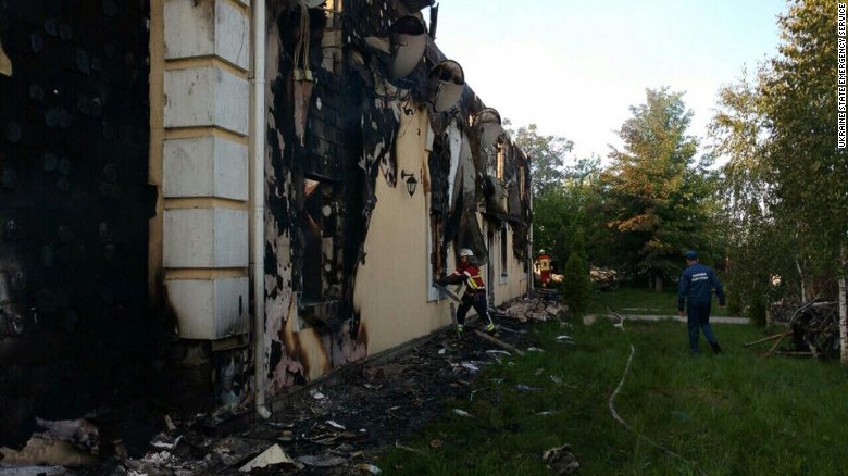 The charred remains of a home for the elderly in Litki, Ukraine, where 17 people perished.