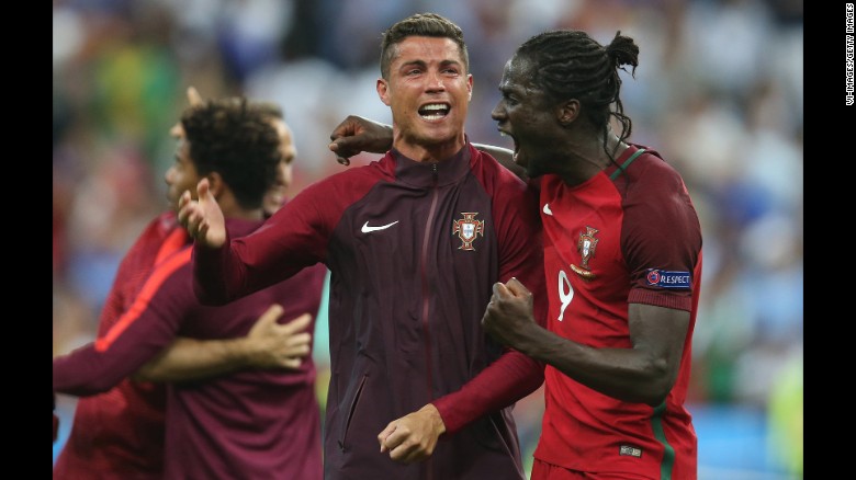 Cristiano Ronaldo celebrated with teammate Eder, the goalscorer, after Portugal defeated France 1-0 to win Euro 2016.