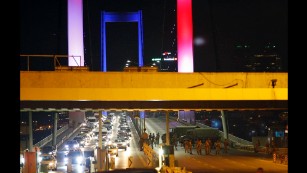 Turkish soldiers block Istanbul&#39;s iconic Bosporus Bridge on Friday, July 15. The military has taken over the government and imposed martial law, according to an announcement read by an anchor on state broadcaster TRT.&lt;br /&gt;