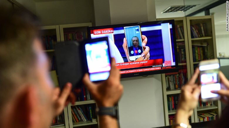 President Recep Tayyip Erdogan speaks on CNN Turk via a FaceTime call in Istanbul on Friday, July 15, 2016, after members of the country&#39;s military attempted to overthrow the government.