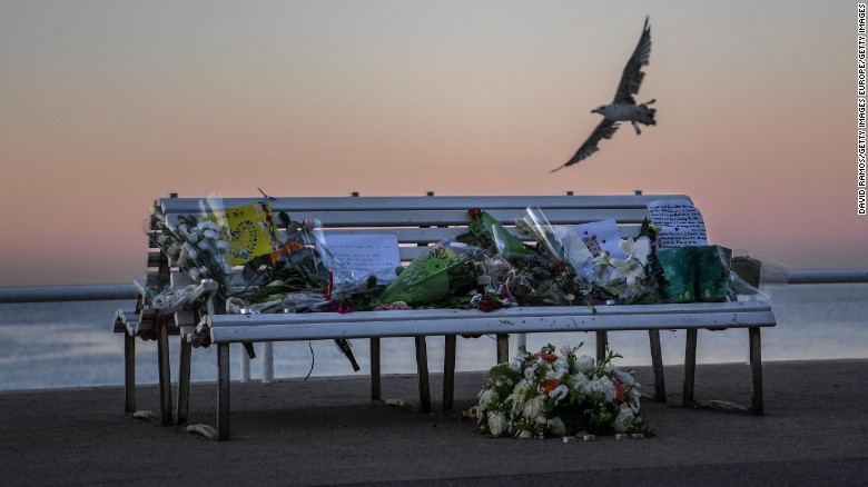 A tribute on a bench honors the victims Sunday on the Promenade des Anglais in Nice.