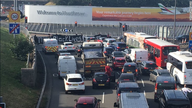 Black Lives Matter UK protesters block the road to Heathrow Airport.