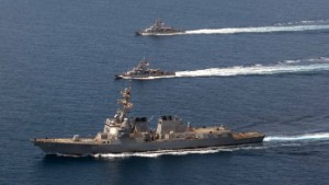 160910-N-CL027-743
ARABIAN SEA (Sept. 10, 2016) The guided-missile destroyer USS Mason (DDG 87) conducts formation exercises with the Cyclone-class patrol crafts USS Tempest (PC 2) and USS Squall (PC 7). Mason, deployed as part of the Eisenhower Carrier Strike Group, is supporting maritime security operations and theater security cooperation efforts in the U.S. 5th Fleet area of operations. (U.S. Navy photo by Mass Communications Specialist 3rd Class Janweb B. Lagazo)
