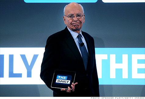 News Corp. CEO Rupert Murdoch shows off The Daily, an iPad-only newspaper. No other major publishers have yet signed on with Apple's subscription strategy.