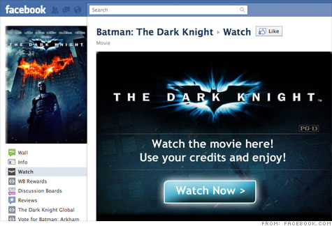 Warner Bros. will offer The Dark Knight for rental through its Facebook page. More movie titles will be available in the coming months.