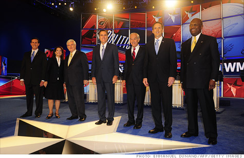 The seven Republican presidential candidates at a debate on CNN Monday night.