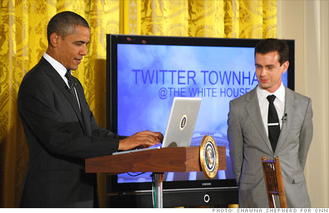 President Obama sends out a tweet to kick of his first-ever Twitter town hall Wednesday, alongside Twitter Co-founder Jack Dorsey.