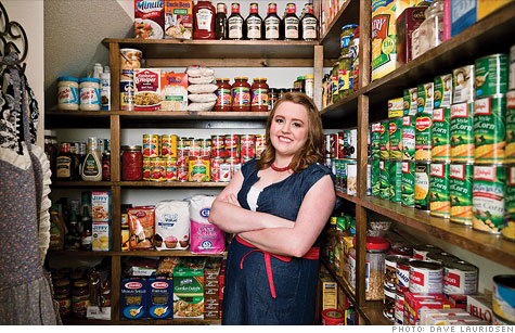 Extreme couponing: College student Lauren Liggett -- a coupon newbie -- has filled up her parents' house with staples, such as this stash of tomato sauce.