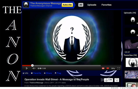 A YouTube video called for an Anonymous attack on NYSE.com on October 10.