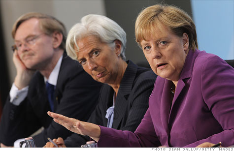 World Bank President Robert Zoellick, International Monetary Fund Director Christine Lagarde and German Chancellor Angela Merkel at a press briefing in Berlin.