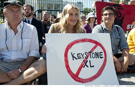 Actress Daryl Hannah protests the Keystone pipeline this summer. But jobs, money and oil will likely win out over environmental concerns as a decision on the controversial pipeline looms.