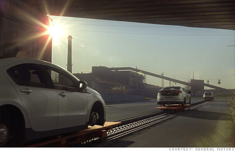 General Motors' Chevrolet Volt TV ad shows the Volt production line stretching from the factory out into suburban American roads.