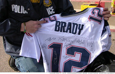 Counterfeit jerseys, like this one seized before Super Bowl XLII in Glendale, Ariz., usually sell for up to $80. But phony player signatures often raise the value substantially.