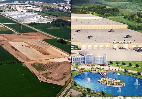 Nanshan America, a Chinese aluminum components maker, was courted heavily by Indiana to open an American plant in Lafayette. Above (right) is what the $98.5 million facility will look like once it is completed.