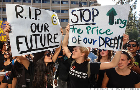 Students protesting the rising cost of higher education. Interest rates on subsidized loans are set to double.