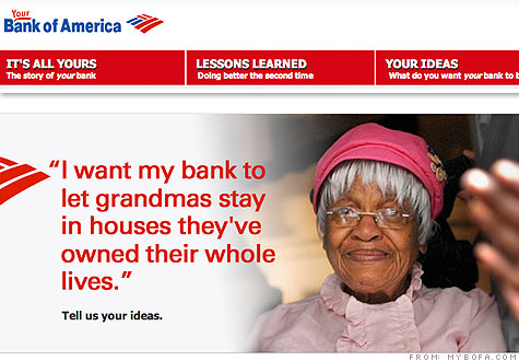A page from YourBofA.com asks visitors for their ideas on building a better bank.