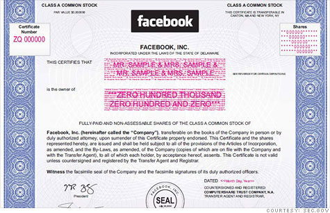 Facebook's IPO documents included this rendering of what its paper stock certificate will look like.