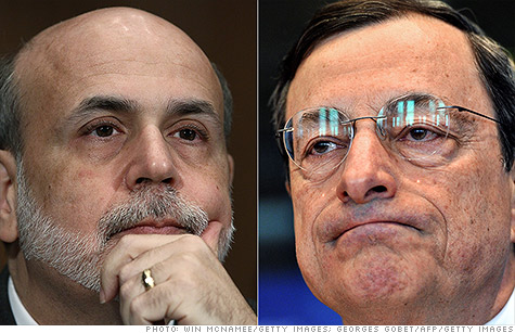 Investors are hoping the Fed's Ben Bernanke and ECB's Mario Draghi will ride to the rescue.