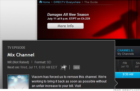 DirecTV's online channel guide tells customers that Viacom 'forced us to remove' its channels.