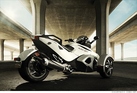 More stable and easier to handle than traditional two-wheelers, three-wheelers -- like the Can-Am Spyder RS (above) -- are catching on.