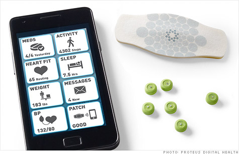 Proteus Digital Health's monitoring system includes a mobile app, pills with embedded chips, and a stick-on patch that tracks your body data.