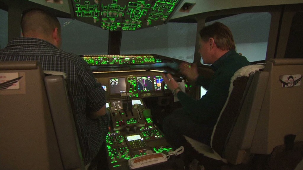 In the cockpit of a Boeing 777 simulator