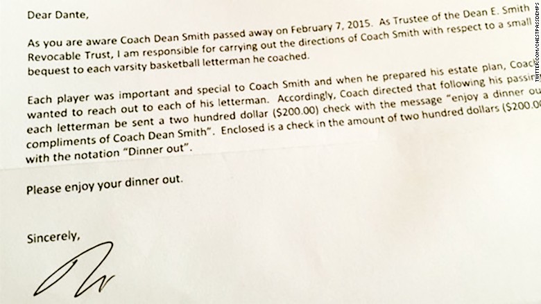 to letter interest college coach to Dean his $200 former will players Smith's of each gives