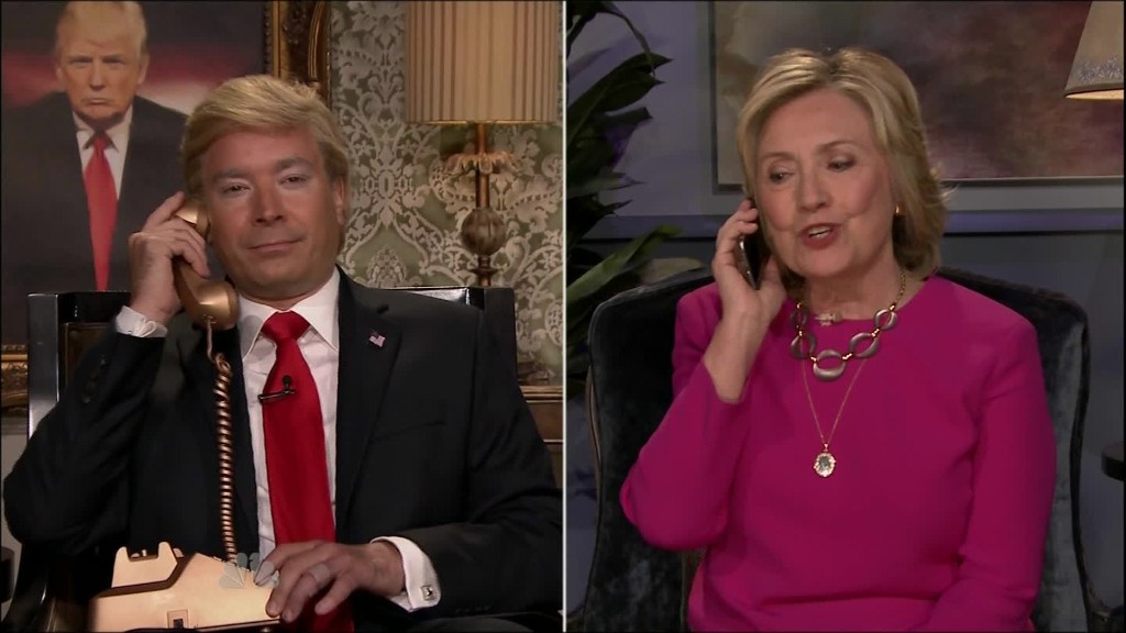 Hillary Clinton And A Fake Donald Trump Helps Fallon Beat Colbert