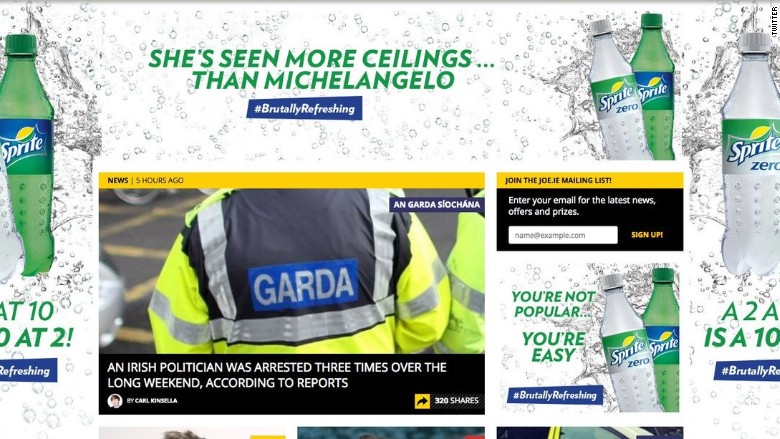 Sprite's "Brutally Refreshing" advertising campaign, which appeared on Irish news site Joe.ie.