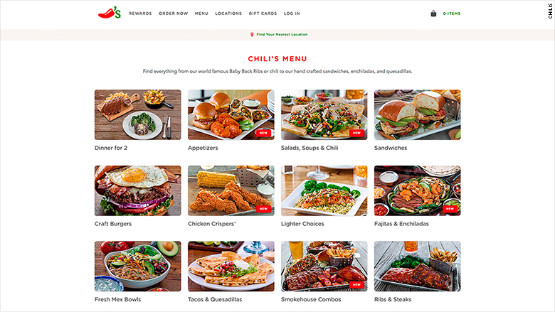 chilis online menu screenshot